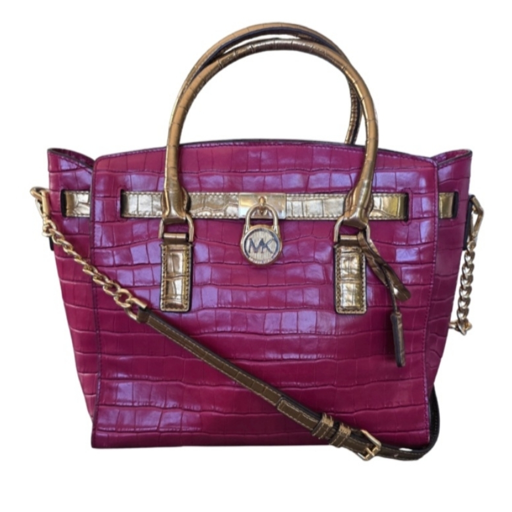 MICHAEL KORS Hamilton Satchel Embossed Leather Mulberry/Gold Purse